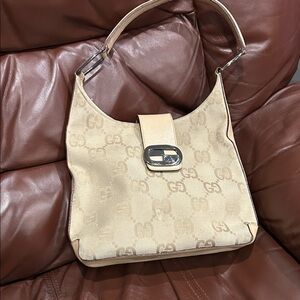 Gucci Beige Monogram Hobo Shoulder Bag with Silver Hardware